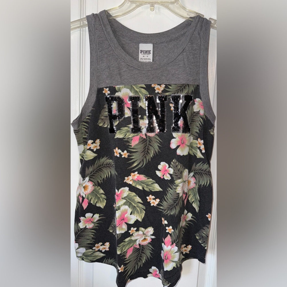 PINK Victoria’s Secret Bedazzled Logo Tank Tropical Hibiscus Print Size XS